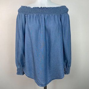 Michael Kors Top XS Chambray Blue Off-the-Shoulder Smocked Blouse Women's